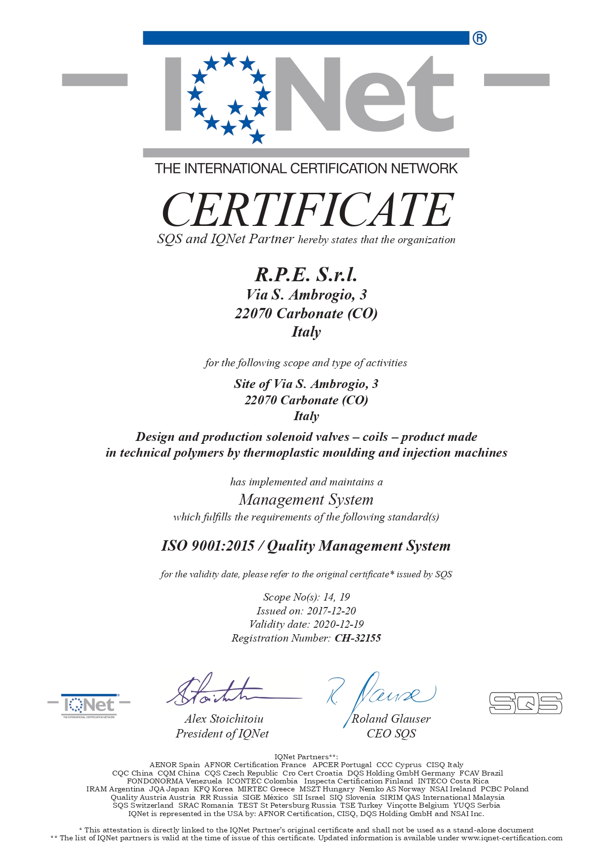 RPE Srl, ISO 9001:2015